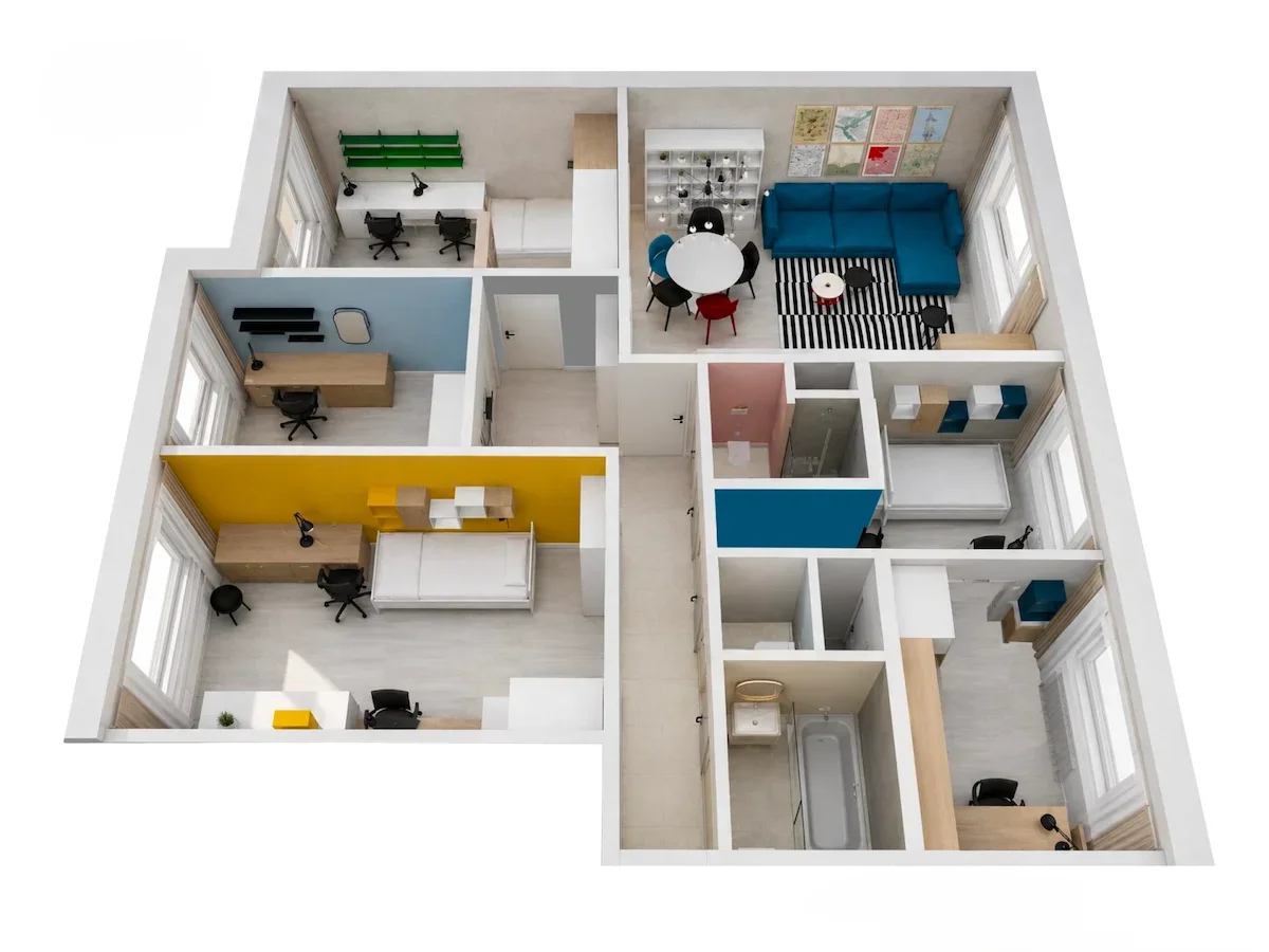 Designové spolubydlení – čtyři pokoje, velký společný obývák s kuchyní, dvě koupelny — fotka 12