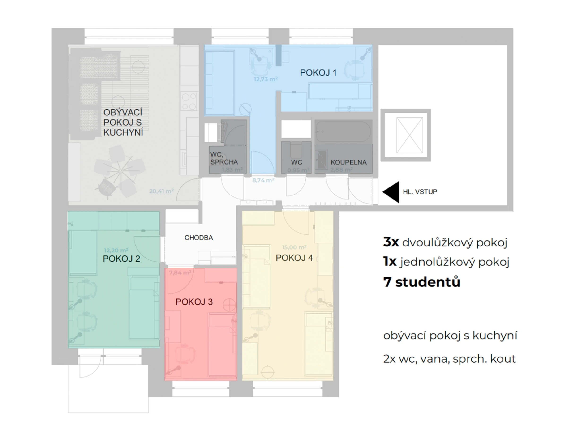 Půdorys – Designové spolubydlení – čtyři pokoje, velký společný obývák s kuchyní, dvě koupelny