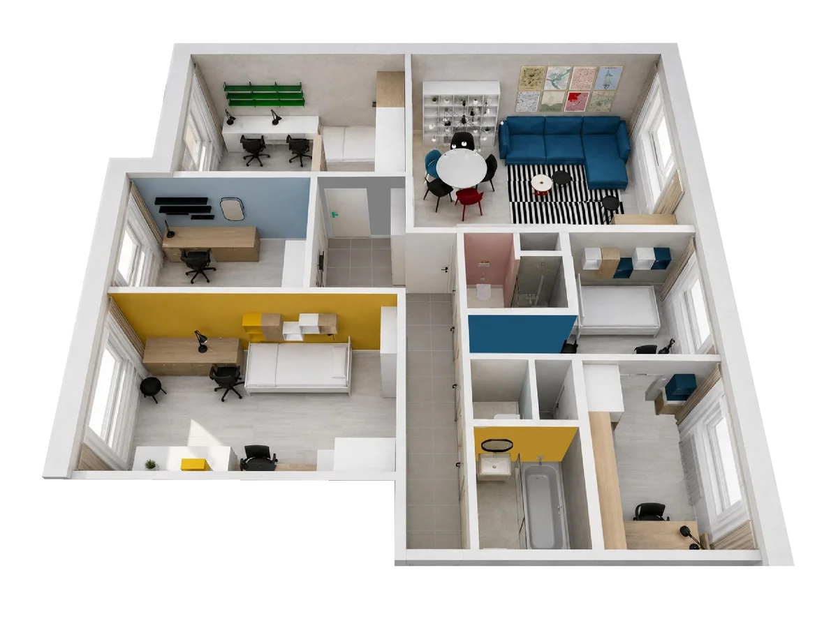 Designové spolubydlení – čtyři pokoje, velký společný obývák s kuchyní, dvě koupelny — fotka 12